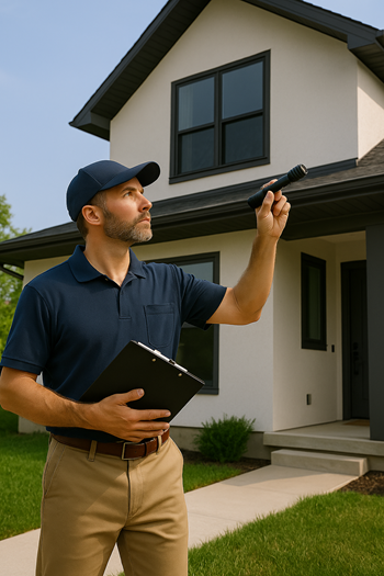 Florida home inspector conducting a residential property inspection in a modern neighborhood